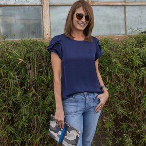 Navy Blue Tulip Sleeve Blouse